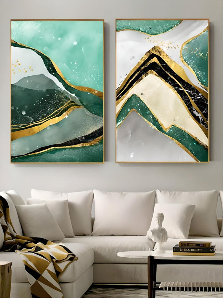 Modern Abstract Golden Green Marble Wall Art 