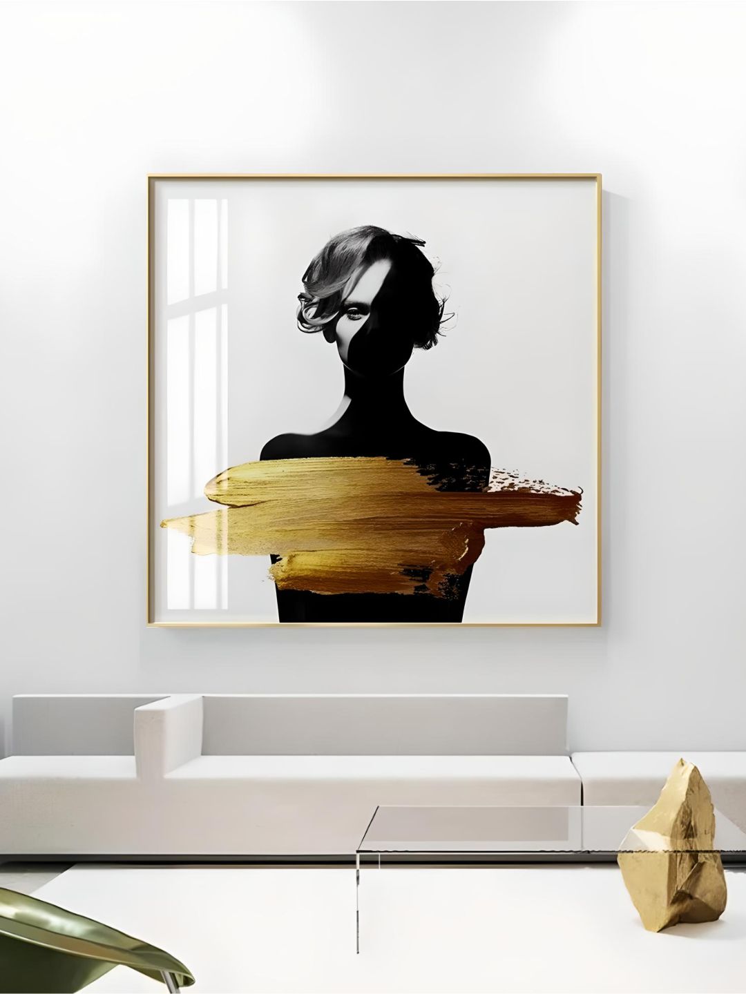 Black White Golden Minimalist Portrait Figure Art Abstract Wall Art Square Format