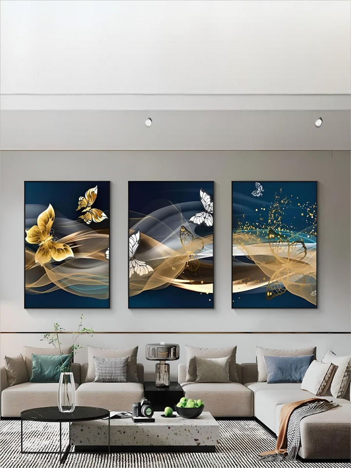Blue Golden Butterflies Abstract Geometry Wall Art Fine
