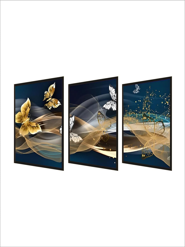 Blue Golden Butterflies Abstract Geometry Wall Art Fine