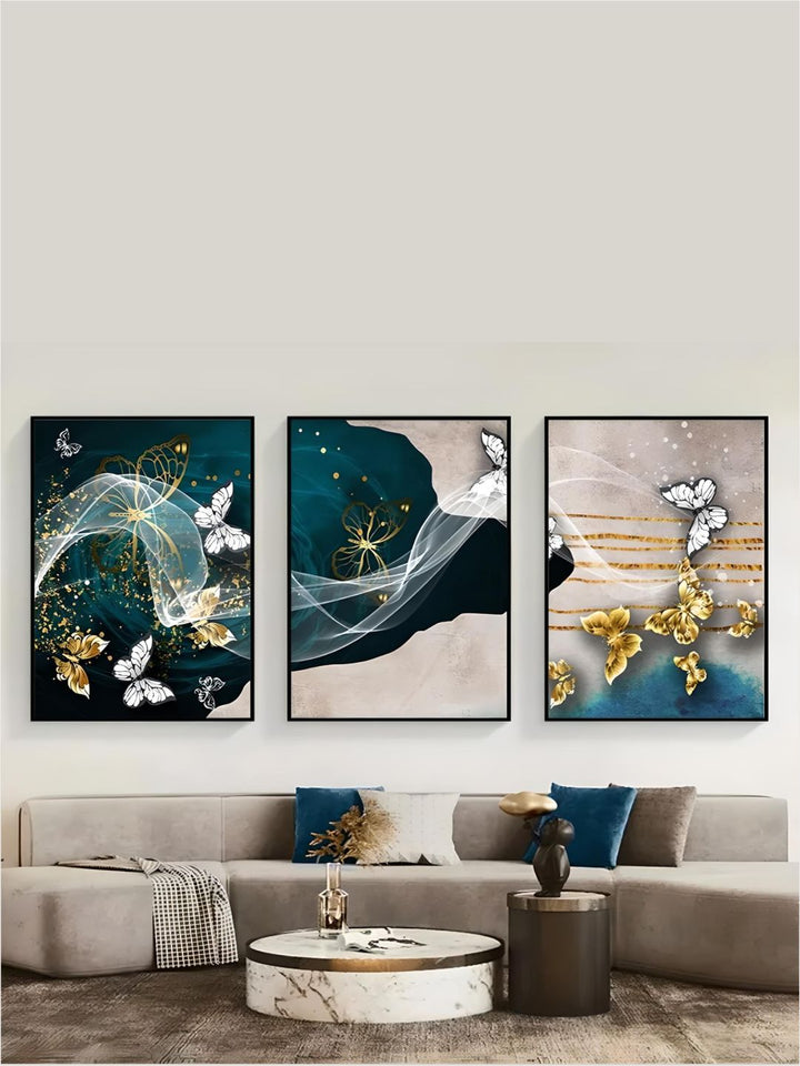 Blue Golden Butterflies Abstract Geometry Wall Art Fine