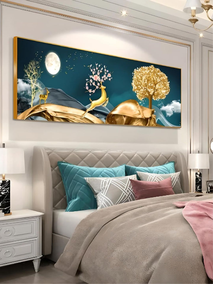 Modern Abstract Auspicious Golden Deer Geometric Landscape Wall Art