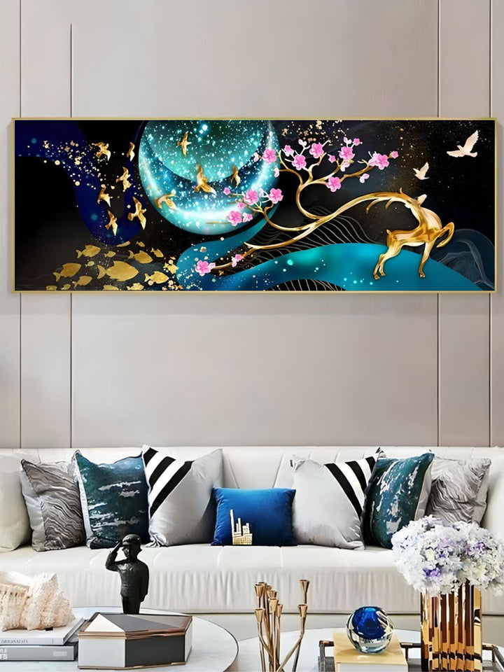 Modern Abstract Auspicious Golden Deer Geometric Landscape Wall Art