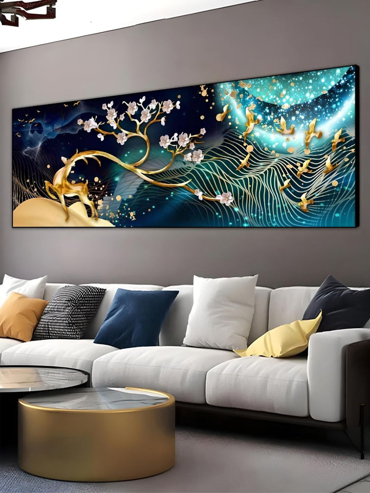 Modern Abstract Auspicious Golden Deer Geometric Landscape Wall Art