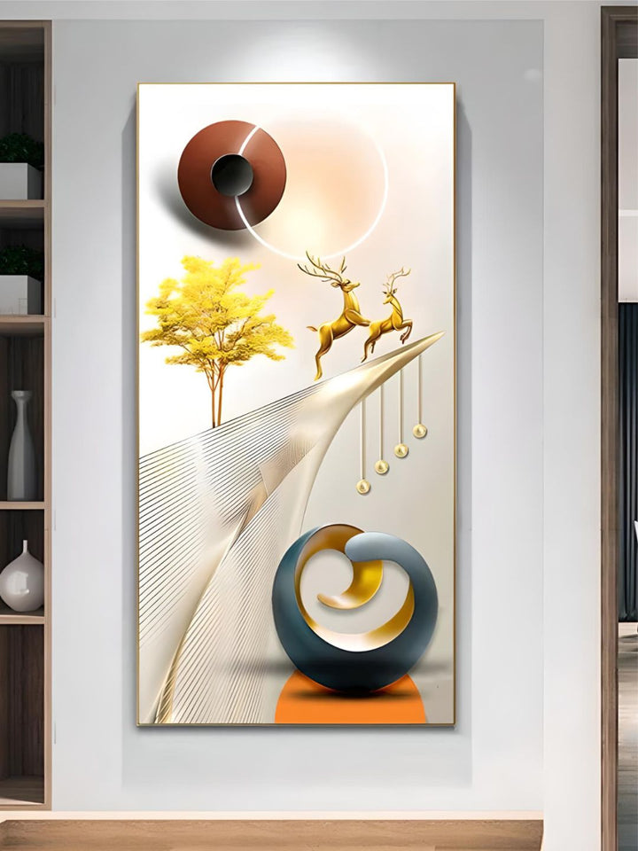 Golden Deer Geometrical Landscape Auspicious Abstract Wall Art