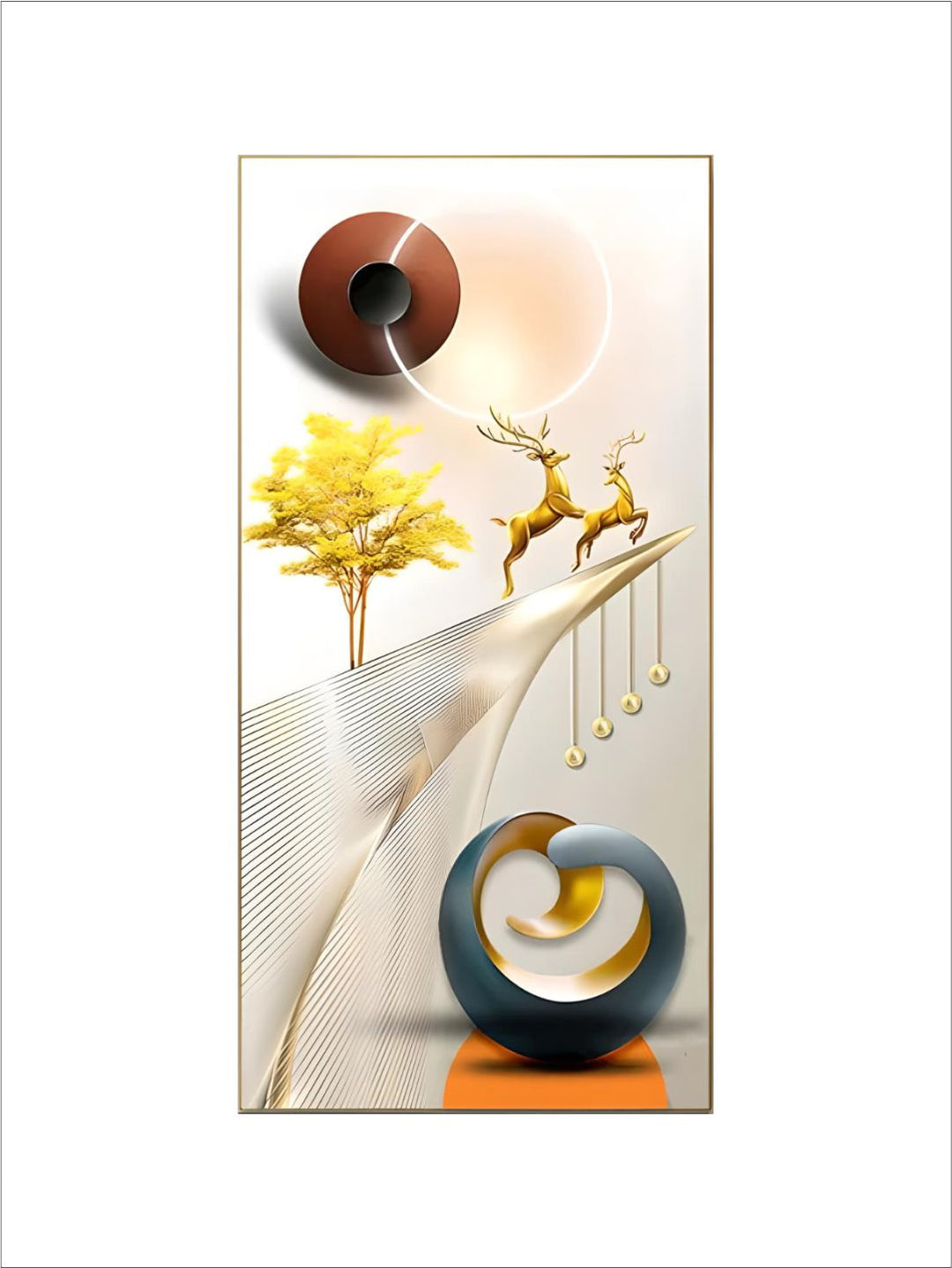 Golden Deer Geometrical Landscape Auspicious Abstract Wall Art
