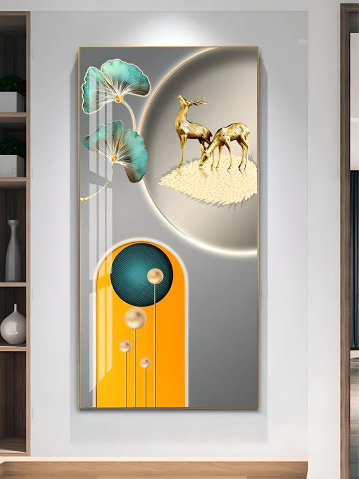 Golden Deer Geometrical Landscape Auspicious Abstract Wall Art