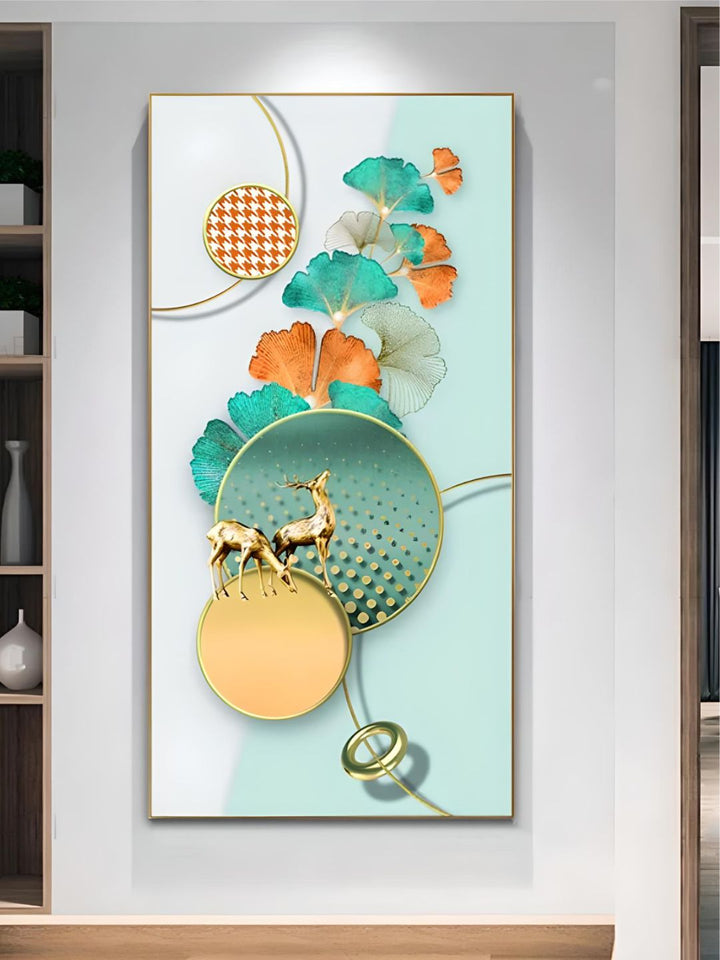Golden Deer Geometrical Landscape Auspicious Abstract Wall Art