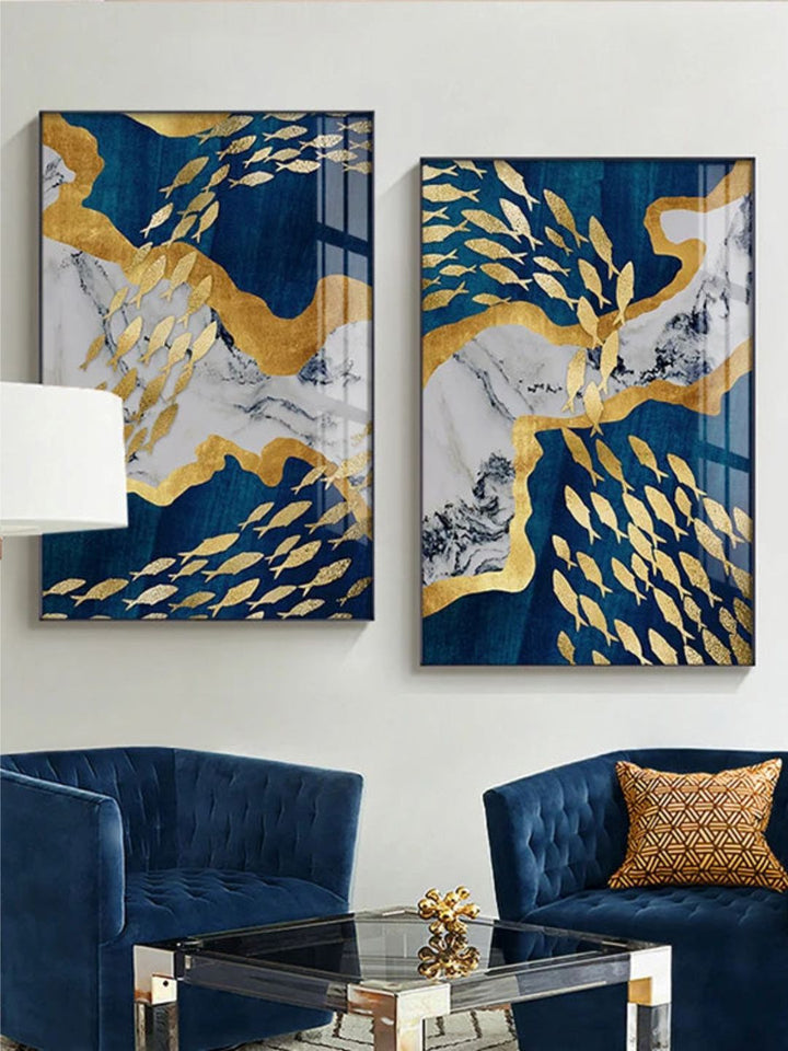 Auspicious Golden Fish In The Deep Blue Wall Art 