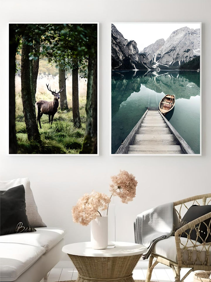Idyllic Scenes Of Mountain Wilderness Wall Art Tranquil Lake Boat Reflections Pictures Of Calm Fine Art