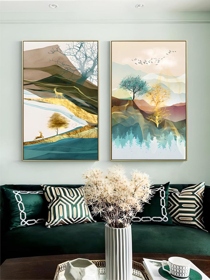 Realm Of The Golden Stag Abstract Nordic Landscape Wall Art 