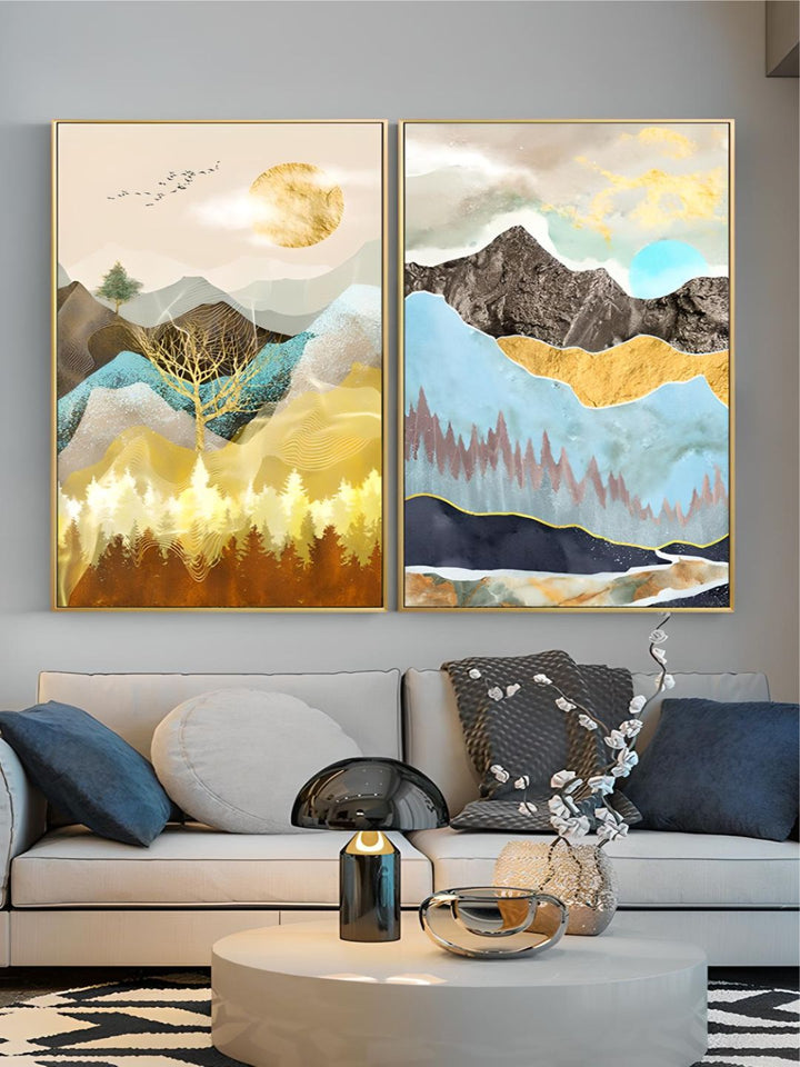 Realm Of The Golden Stag Abstract Nordic Landscape Wall Art 