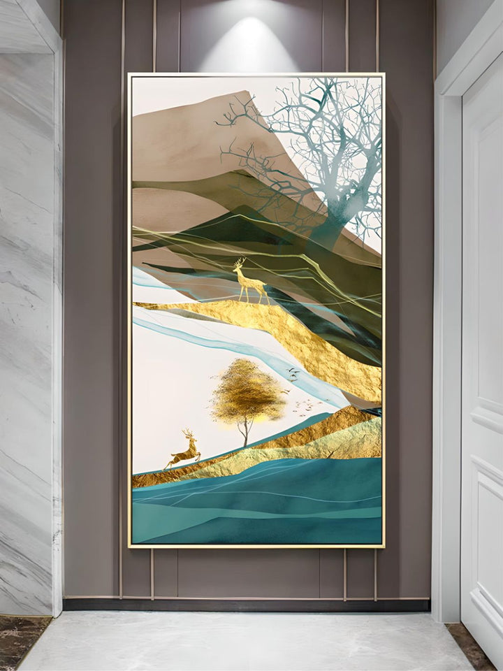 Realm Of The Golden Stag Abstract Nordic Landscape Wall Art 