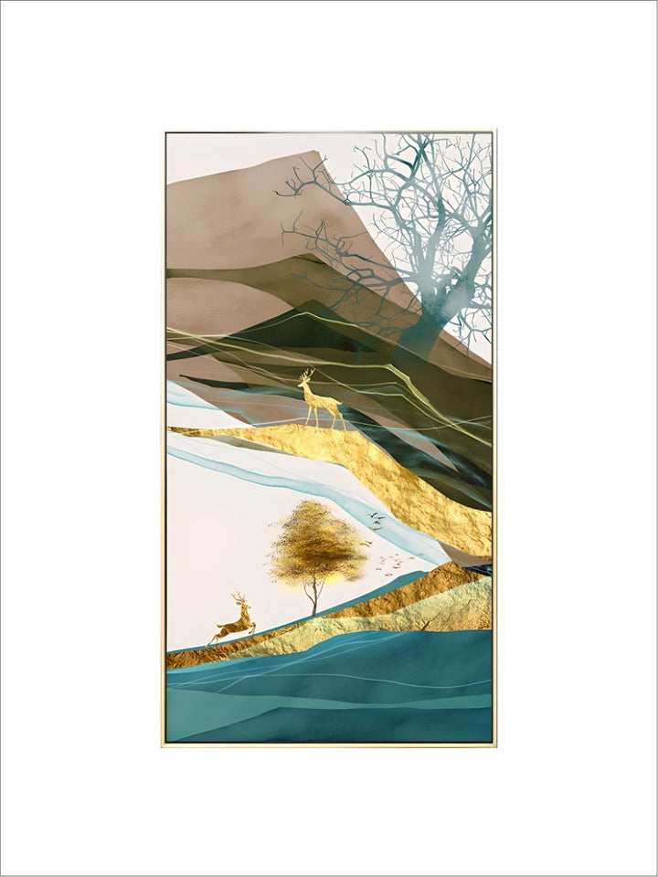 Realm Of The Golden Stag Abstract Nordic Landscape Wall Art 