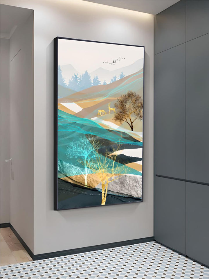 Realm Of The Golden Stag Abstract Nordic Landscape Wall Art 