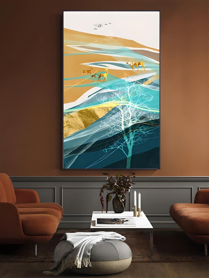 Realm Of The Golden Stag Abstract Nordic Landscape Wall Art 
