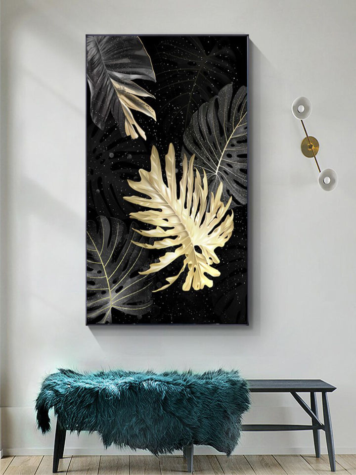 Black Golden Tropical Leaves Wall Art Fine Art Canvas Prints Modern Exotic Botanical Fashion Pictures For Living Room Dining Room Home Office Decor