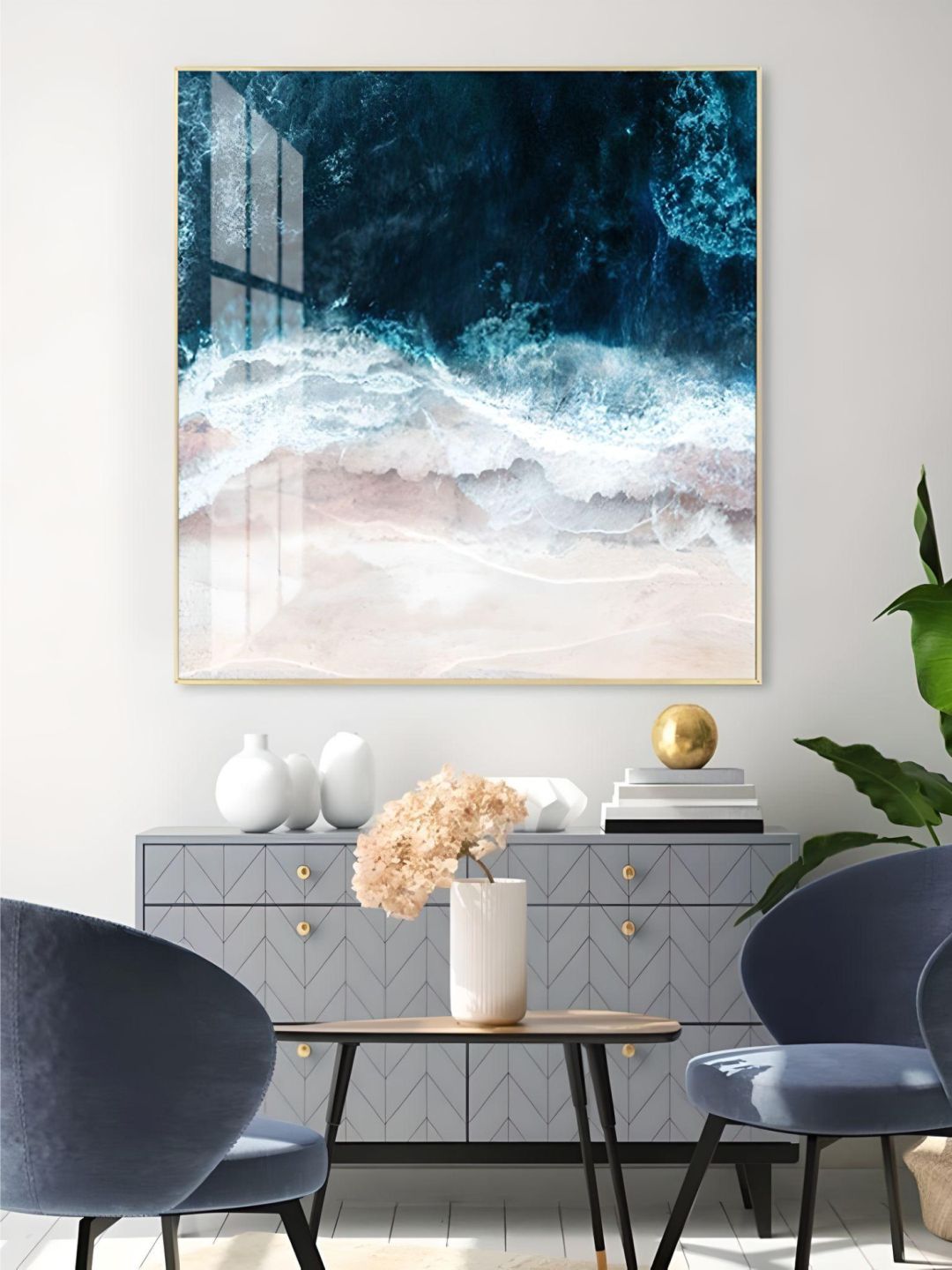 Blue Sea Surf Nordic Seascape Wall Art Beach From Above Fine Art Canvas Giclee Print Modern Landscape Picture For Office Living Room Modern Home Decor