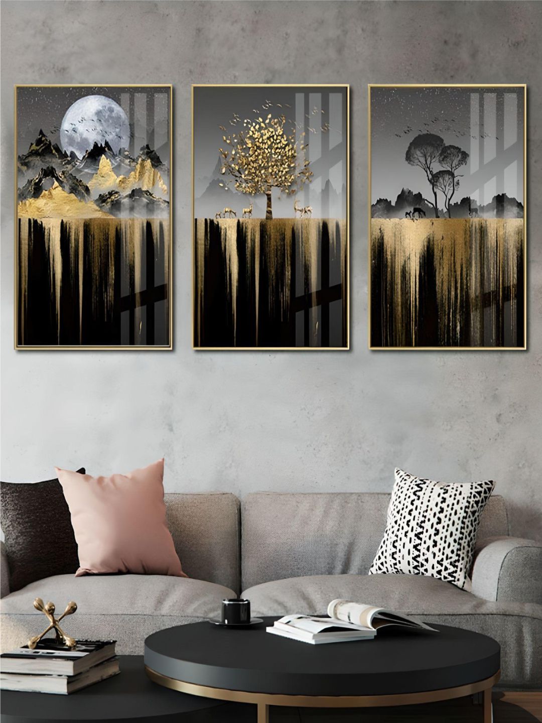 3-Piece Luxury Gold and Black Landscape Wall Art Set
