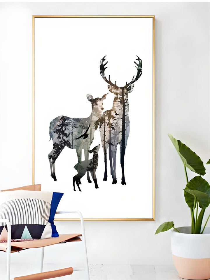 Family Of Deer In Forest Silhouette Wall Art Nordic Style Woodland Animals Fine Art Canvas Prints Scandinavian Style Home Interior Decor.  