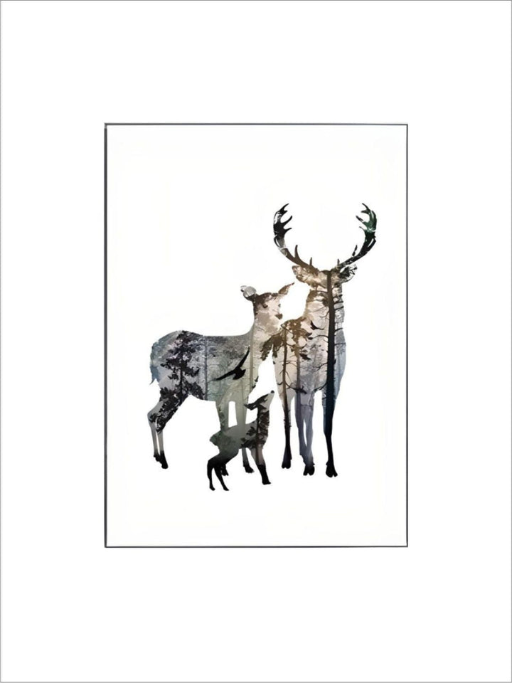 Family Of Deer In Forest Silhouette Wall Art Nordic Style Woodland Animals Fine Art Canvas Prints Scandinavian Style Home Interior Decor.  