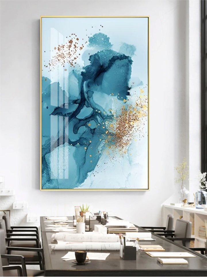Golden Blue Splash Liquid Abstract Wall Art Fine Art Canvas Prints Modern Pictures For Luxury Living Room Bedroom Boutique Hotel Office Art Decor