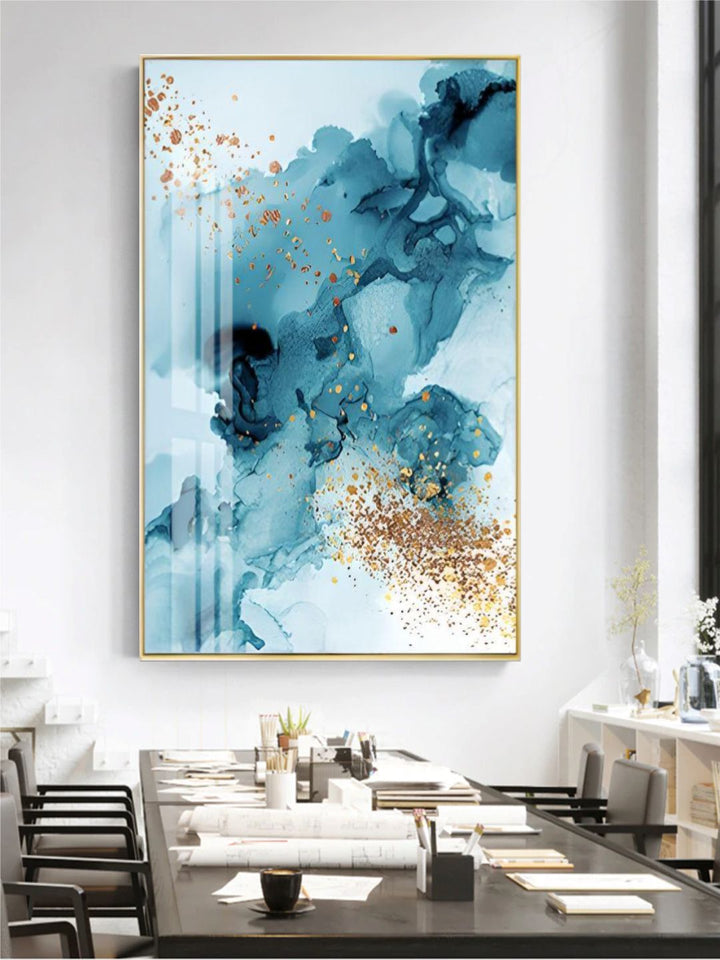 Golden Blue Splash Liquid Abstract Wall Art Fine Art Canvas Prints Modern Pictures For Luxury Living Room Bedroom Boutique Hotel Office Art Decor