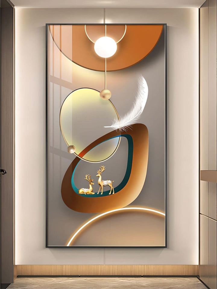 Golden Deer Circle Of Light Wall Art Fine Art Canvas Prints Modern Abstract Auspicious Pictures For Living Room Dining Room Entrance Hall Decor