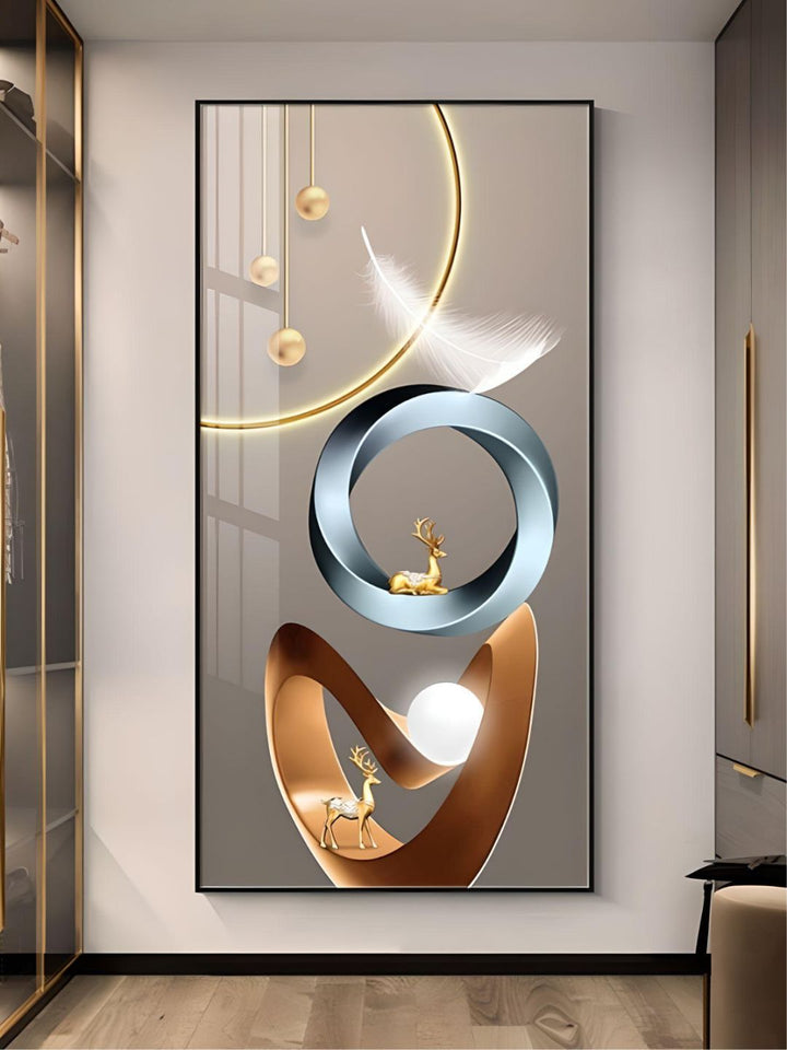 Golden Deer Circle Of Light Wall Art Fine Art Canvas Prints Modern Abstract Auspicious Pictures For Living Room Dining Room Entrance Hall Decor