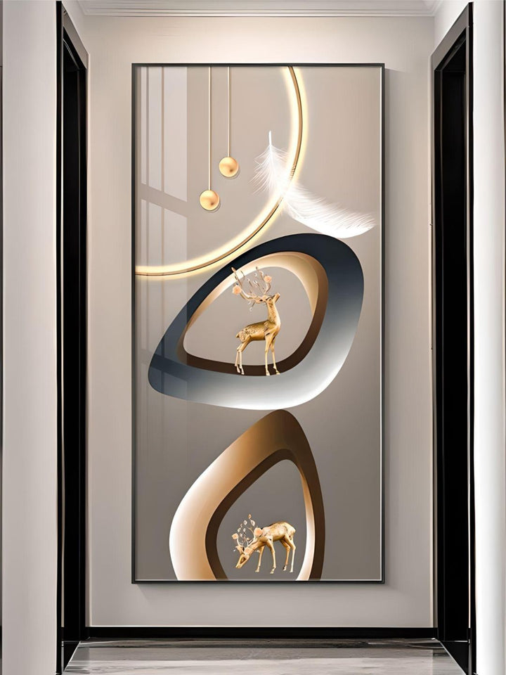 Golden Deer Circle Of Light Wall Art Fine Art Canvas Prints Modern Abstract Auspicious Pictures For Living Room Dining Room Entrance Hall Decor