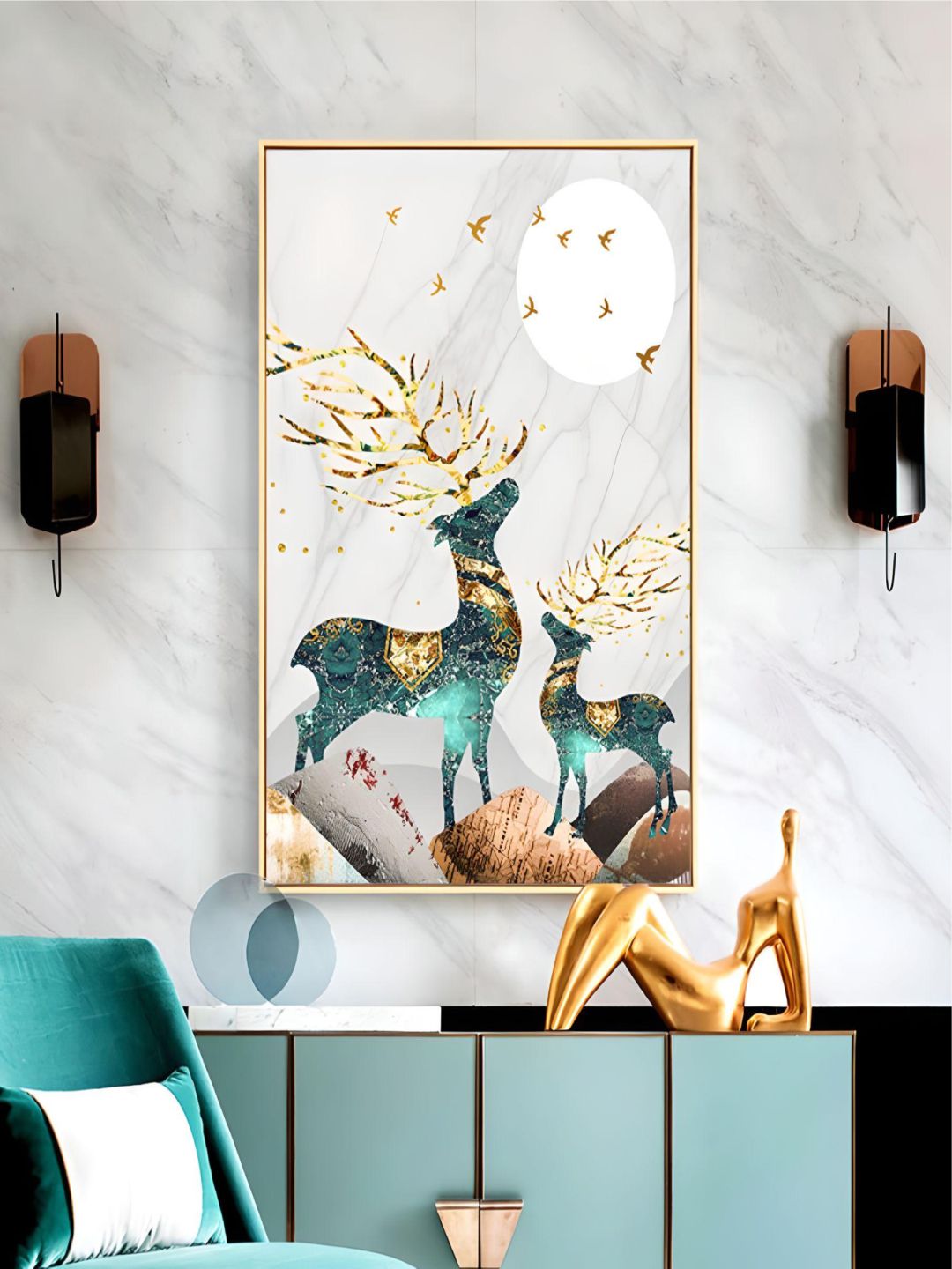 Magical Nordic Moonlight Deer Landscape Wall Art Fine Art Canvas Prints Modern Abstract Nature Pictures Luxury Living Room Wall Art Home Interior Decor
