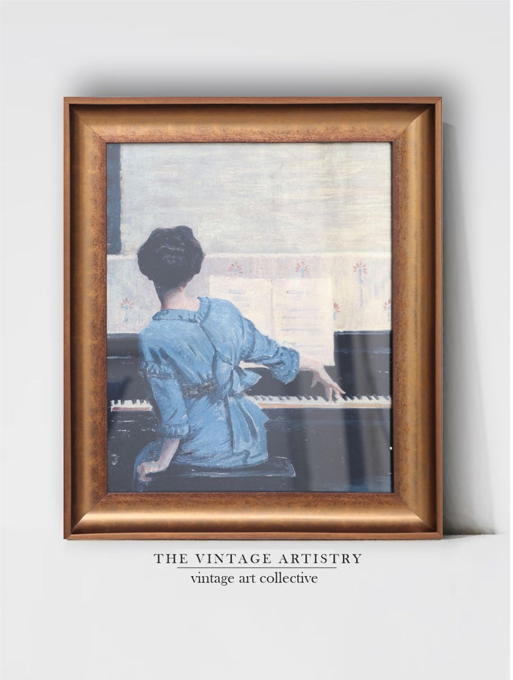 The Vintage Artistry Brown & Blue Female Pianist Printed Framed Wall Painting