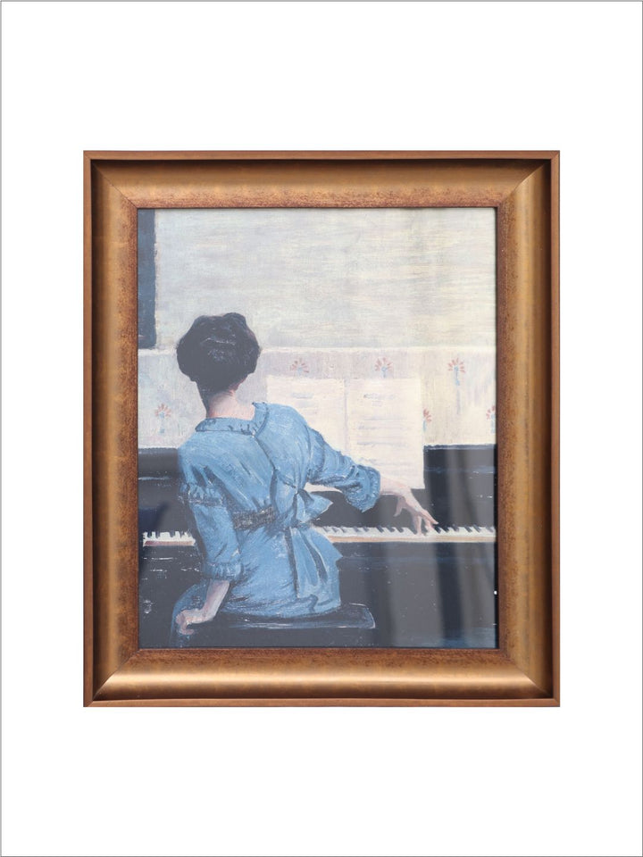 The Vintage Artistry Brown & Blue Female Pianist Printed Framed Wall Painting