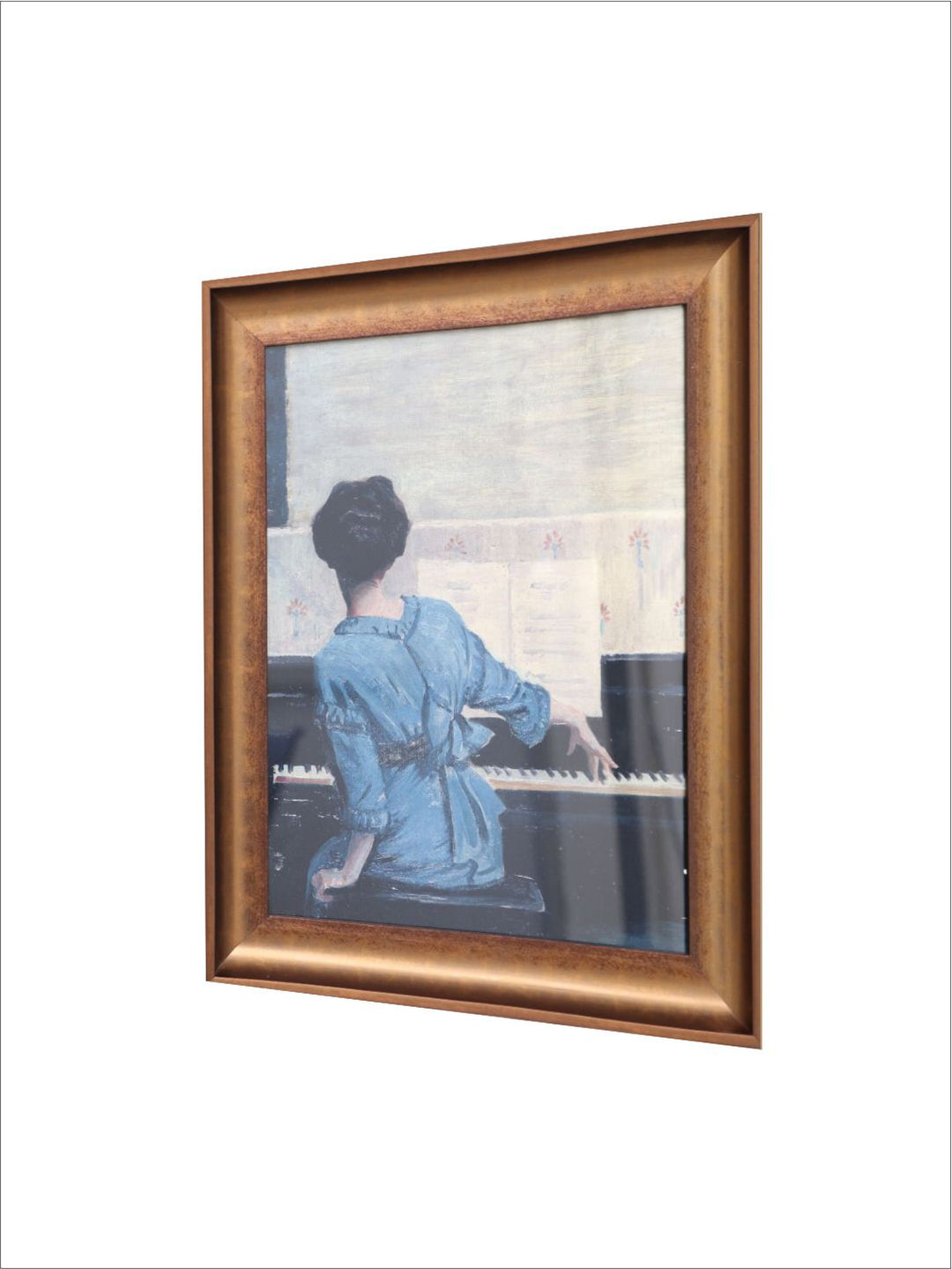 The Vintage Artistry Brown & Blue Female Pianist Printed Framed Wall Painting