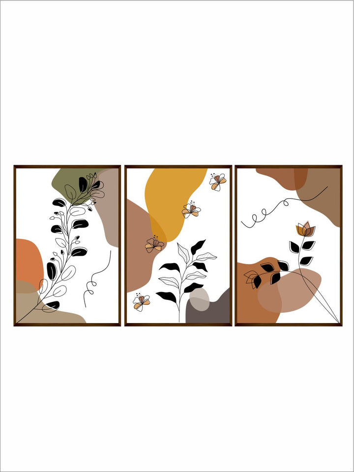 "Set Of 3 Brown & Yellow Abstract Printed Framed Wall Art "