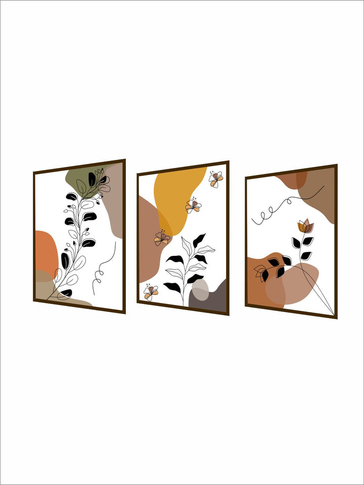 "Set Of 3 Brown & Yellow Abstract Printed Framed Wall Art "