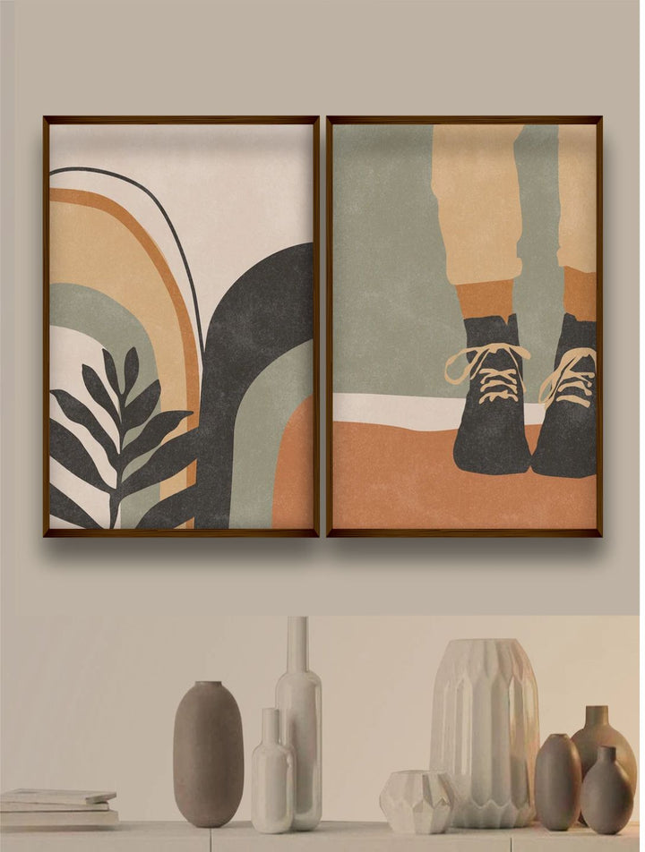 "Set Of 2 Brown  Orange Printed Framed Wall Art''