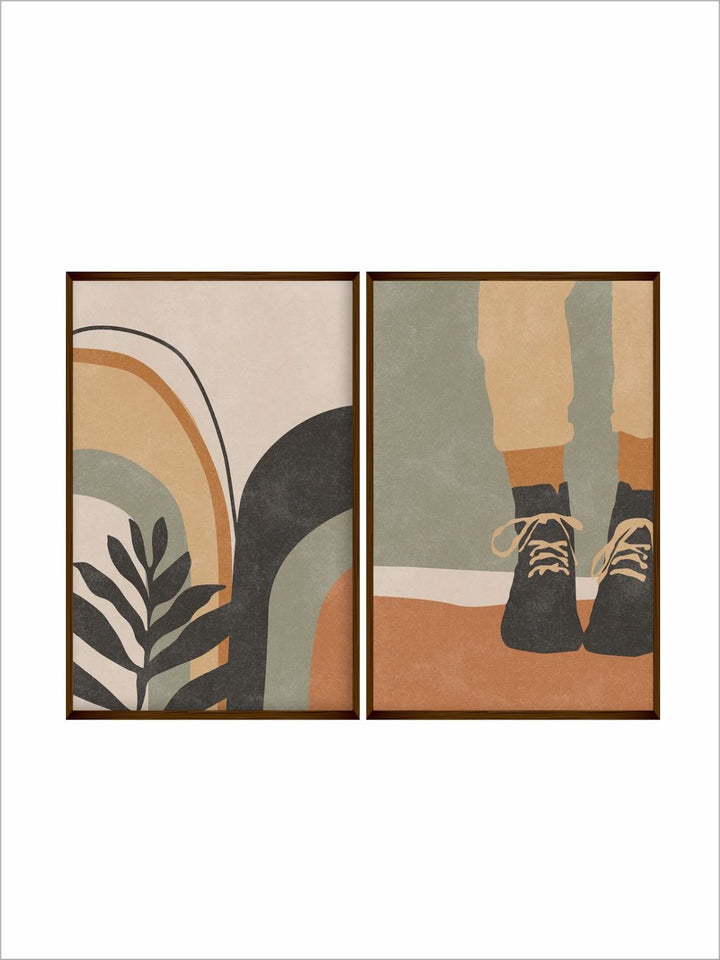 "Set Of 2 Brown  Orange Printed Framed Wall Art''