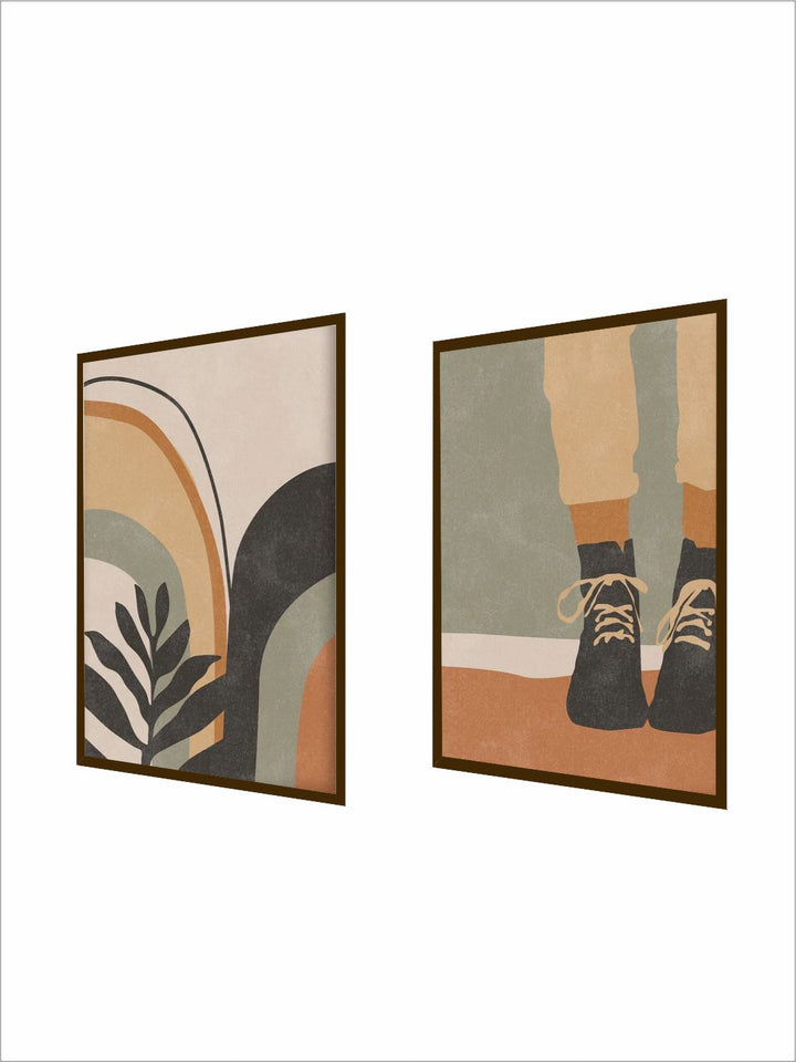 "Set Of 2 Brown  Orange Printed Framed Wall Art''