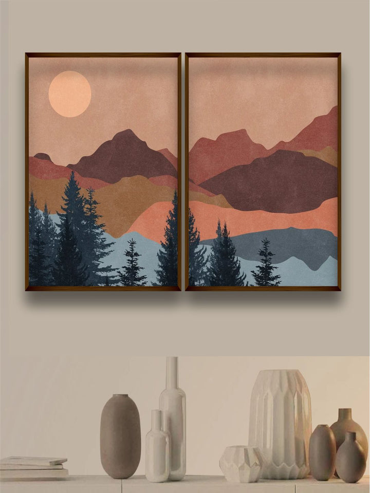 "Set Of 2 Brown  Grey Abstract Printed Framed Wall Art''