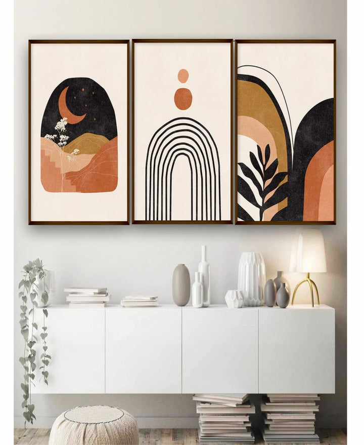 "Set Of 3 Off-White  Black Abstract Wall Art''