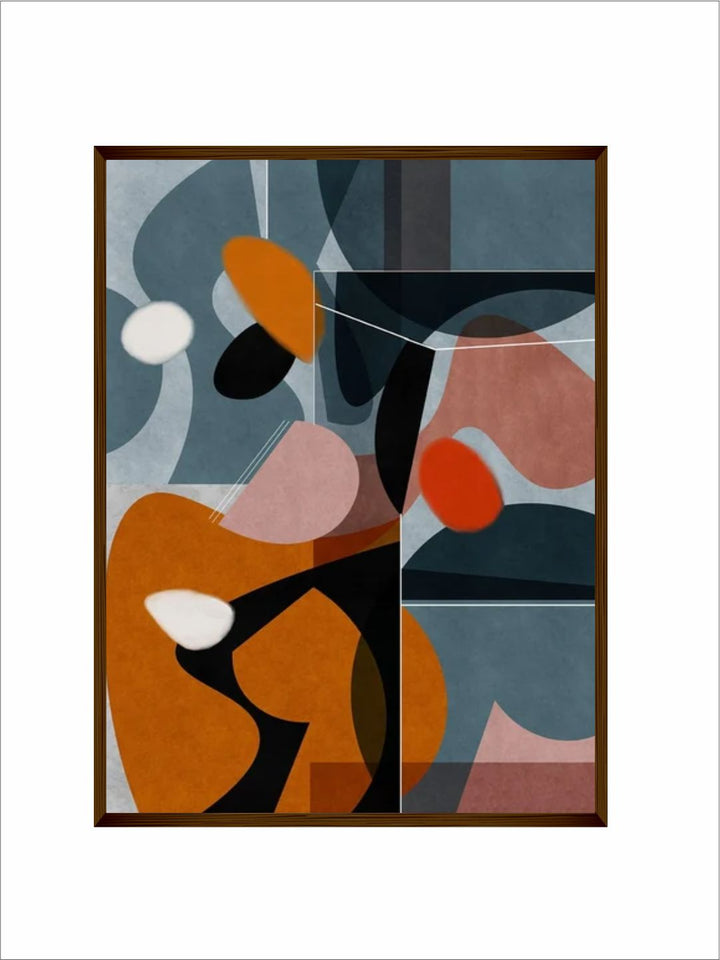 "Blue & Brown Abstract Printed Framed Wall Painting''
