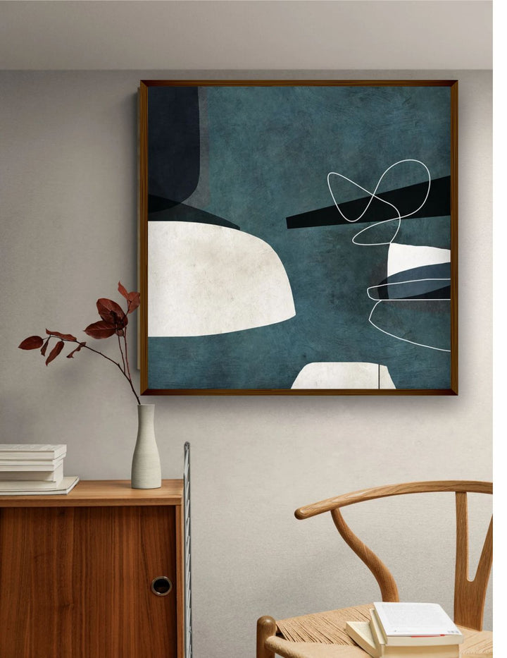 "Teal Blue & White Abstract Painting Wall Art''