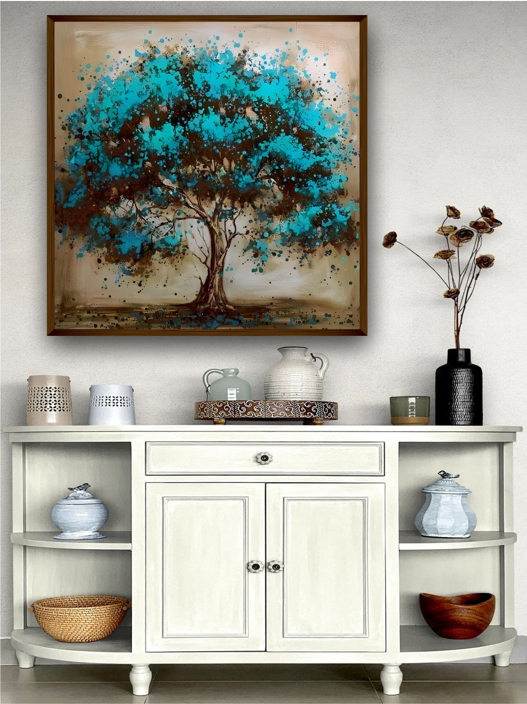 "Beige & Blue Tree Painting Wall Art"