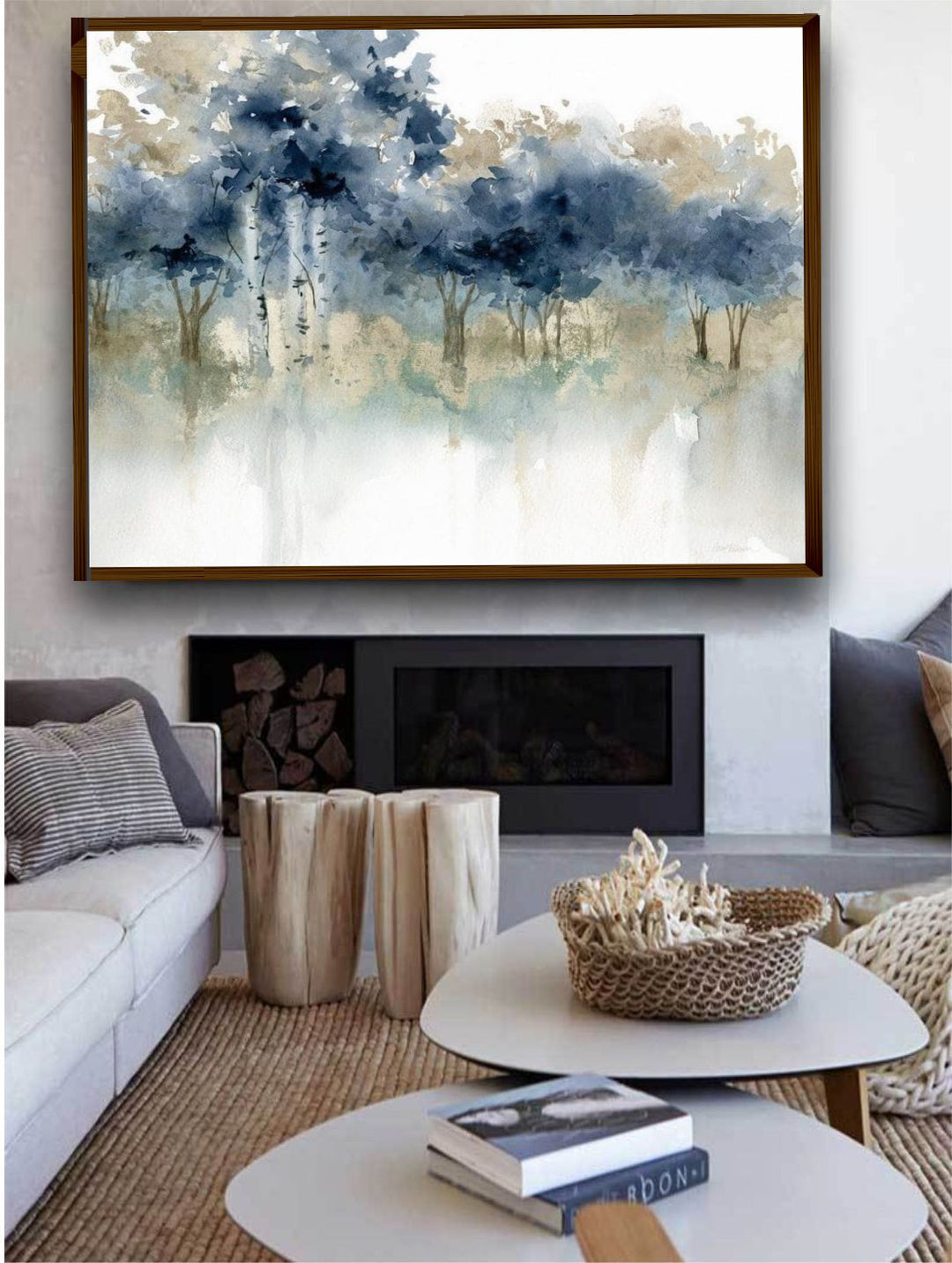 "Blue & Beige Abstract Canvas Painting Framed Wall Art"