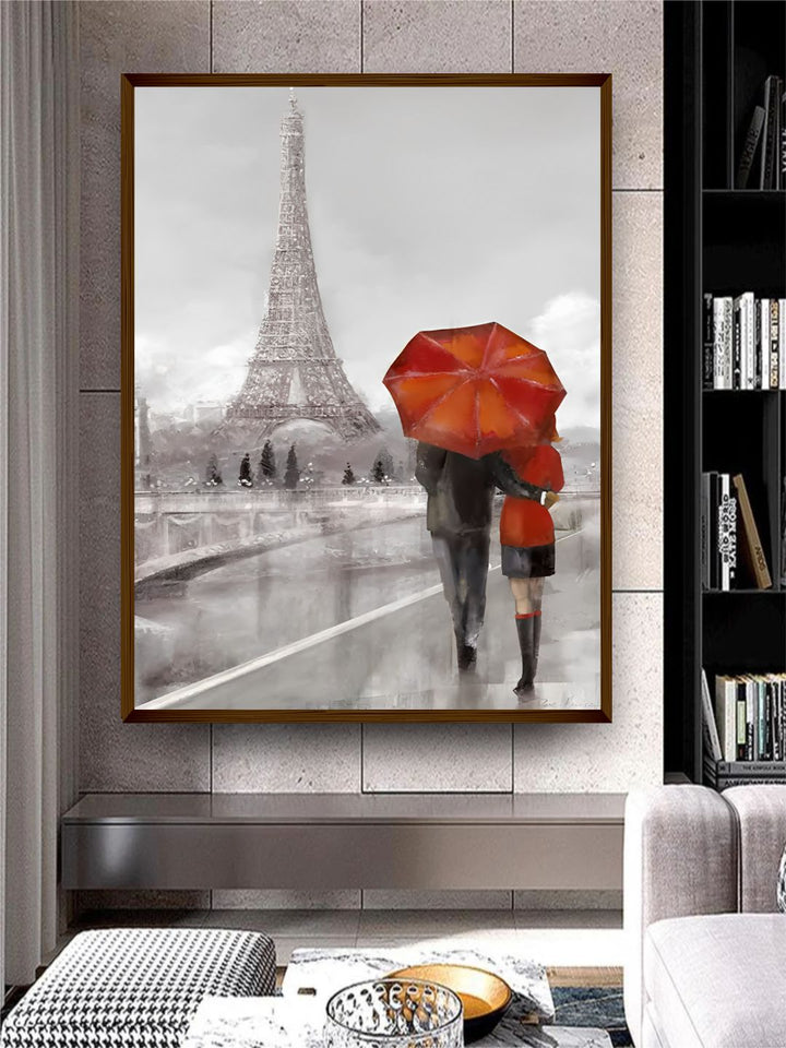 "White & Red Abstract Landscape Painting Framed Wall Art"