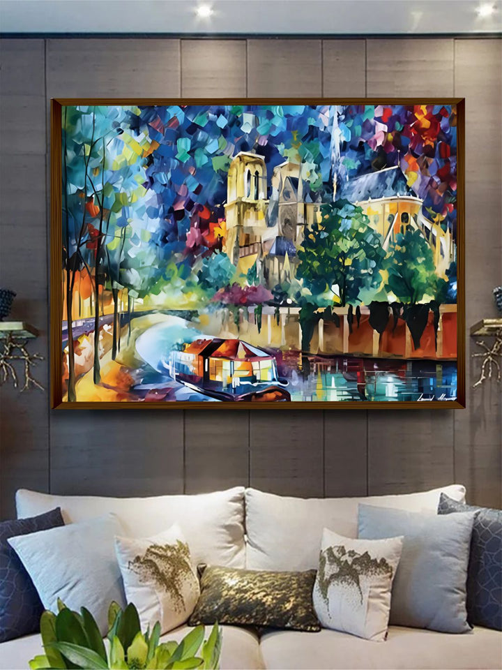 "Beige & Red Abstract Landscape Painting Framed Wall Art"