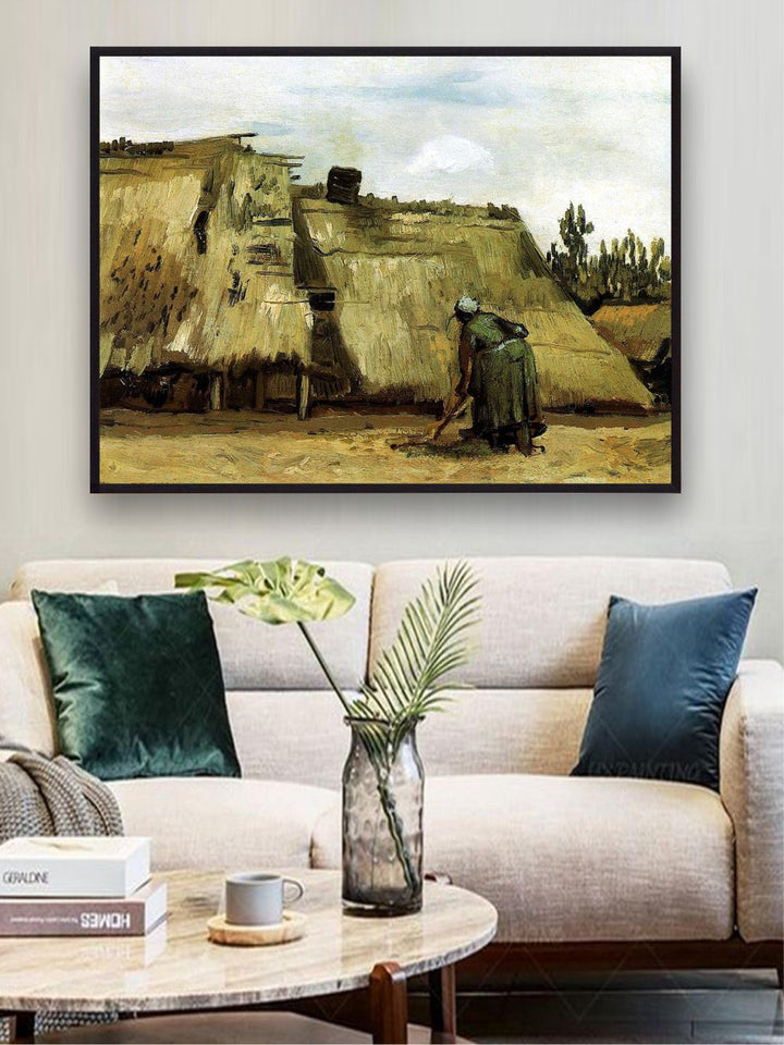 "Cottage With Woman Digging By Van Gogh Framed Painting''