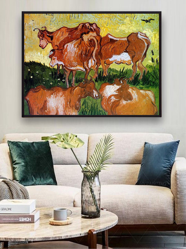 "Cows By Van Gogh Painting''