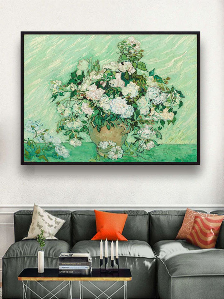 "Green & White Roses By Van Gogh Framed Painting''